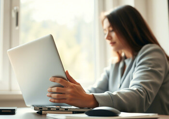 A lady holding a laptop